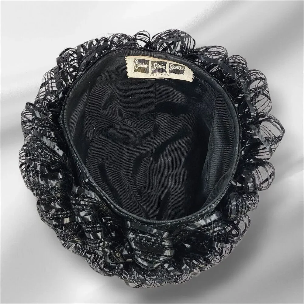 Vintage 1950s Carson Pirie Scott Black Cellophane Straw Bubble Toque Turban Hat